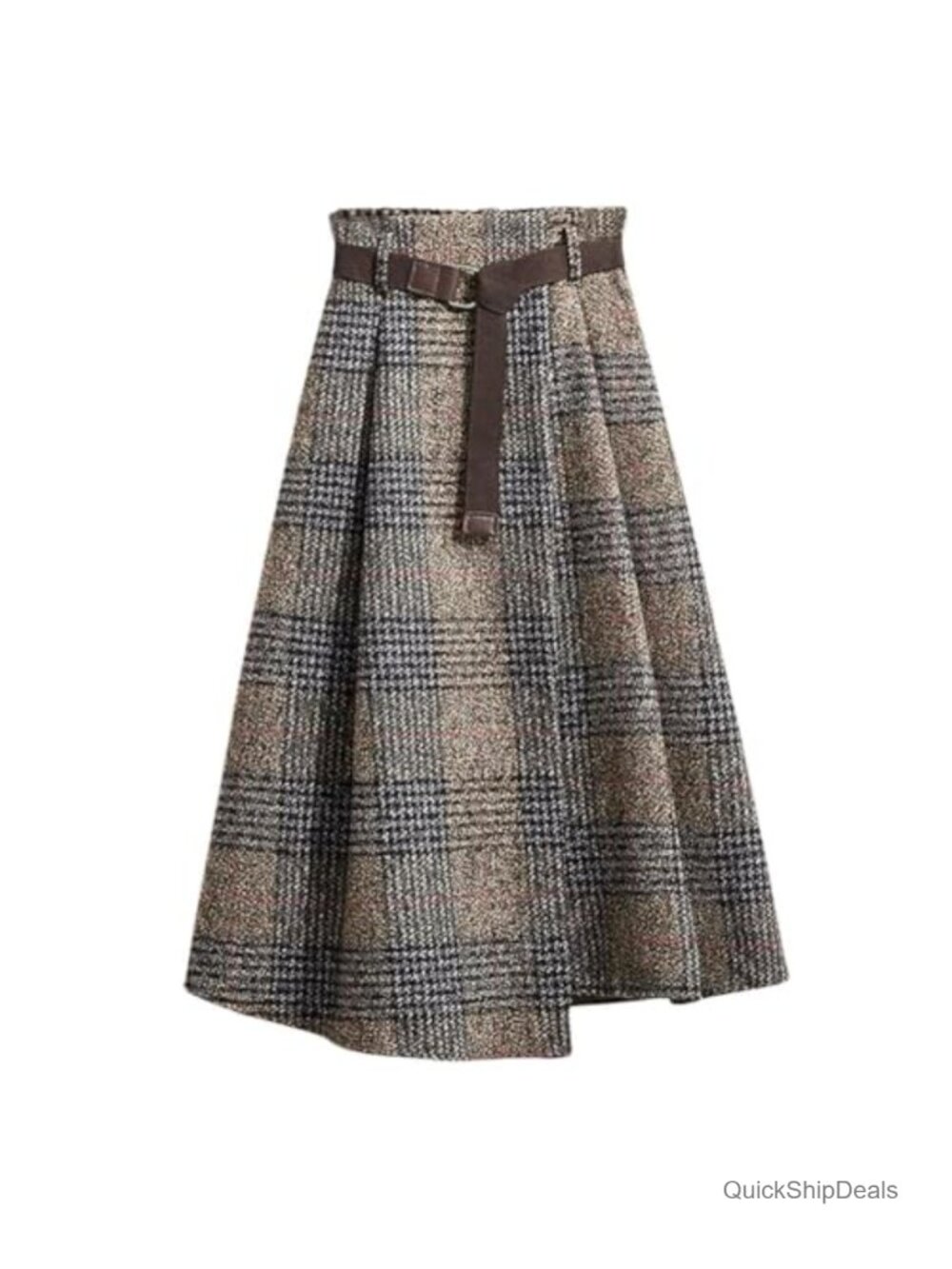 Wool Blend Plaid Midi Skirt Houndstooth A Line with Belt